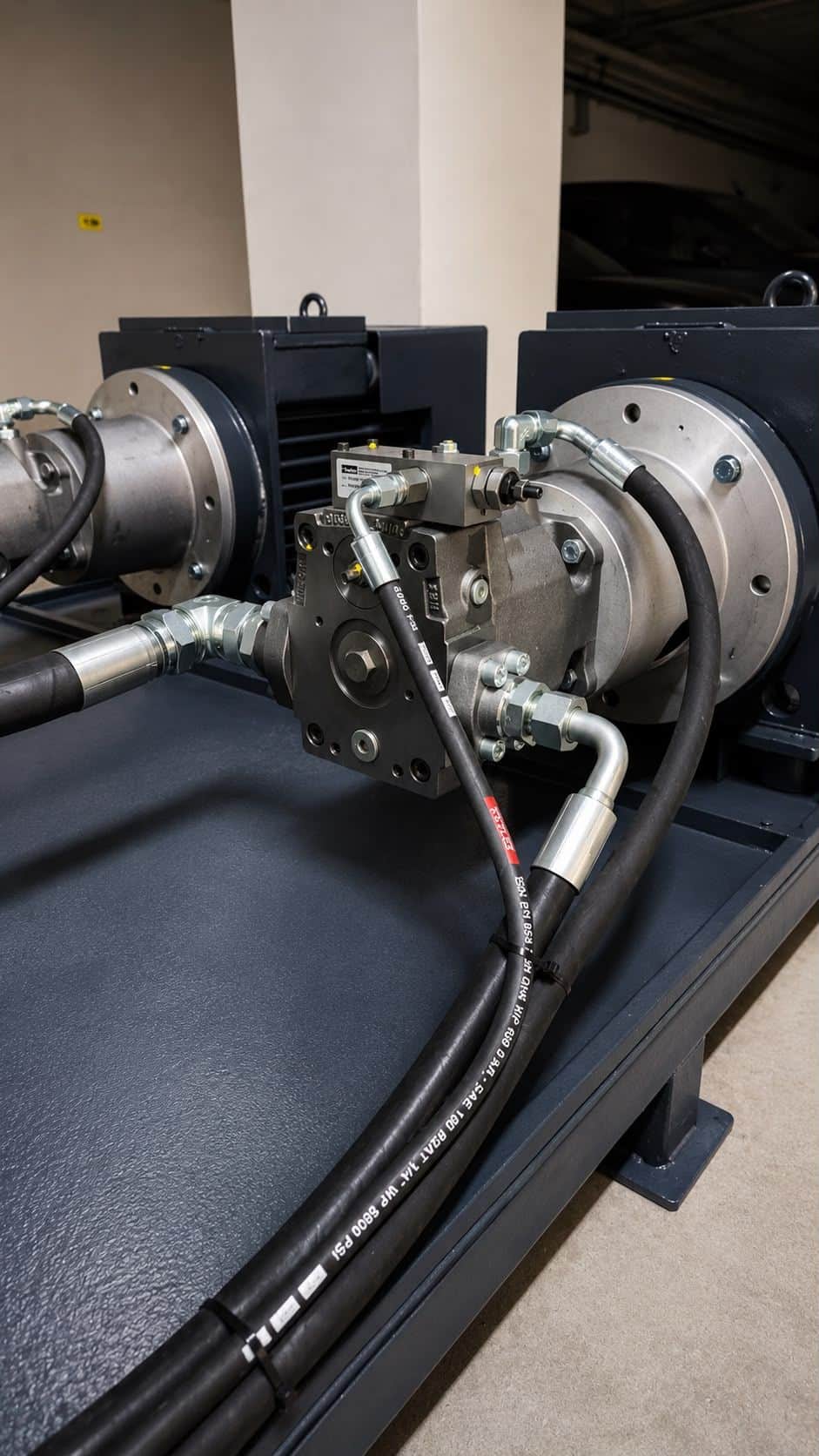 Hydraulic pump unit assembled at the AEB Engineering workshop — high-pressure hose connections and proportional control valve block
