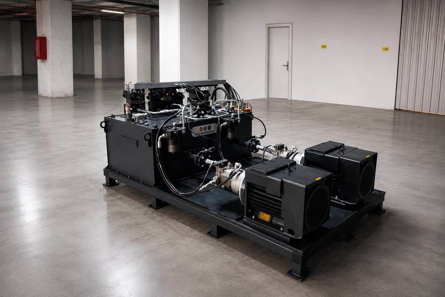 Industrial hydraulic power unit manufactured by AEB Engineering — heavy-duty system with dual electric motors, vertical suction filters, and multiple manifold controls