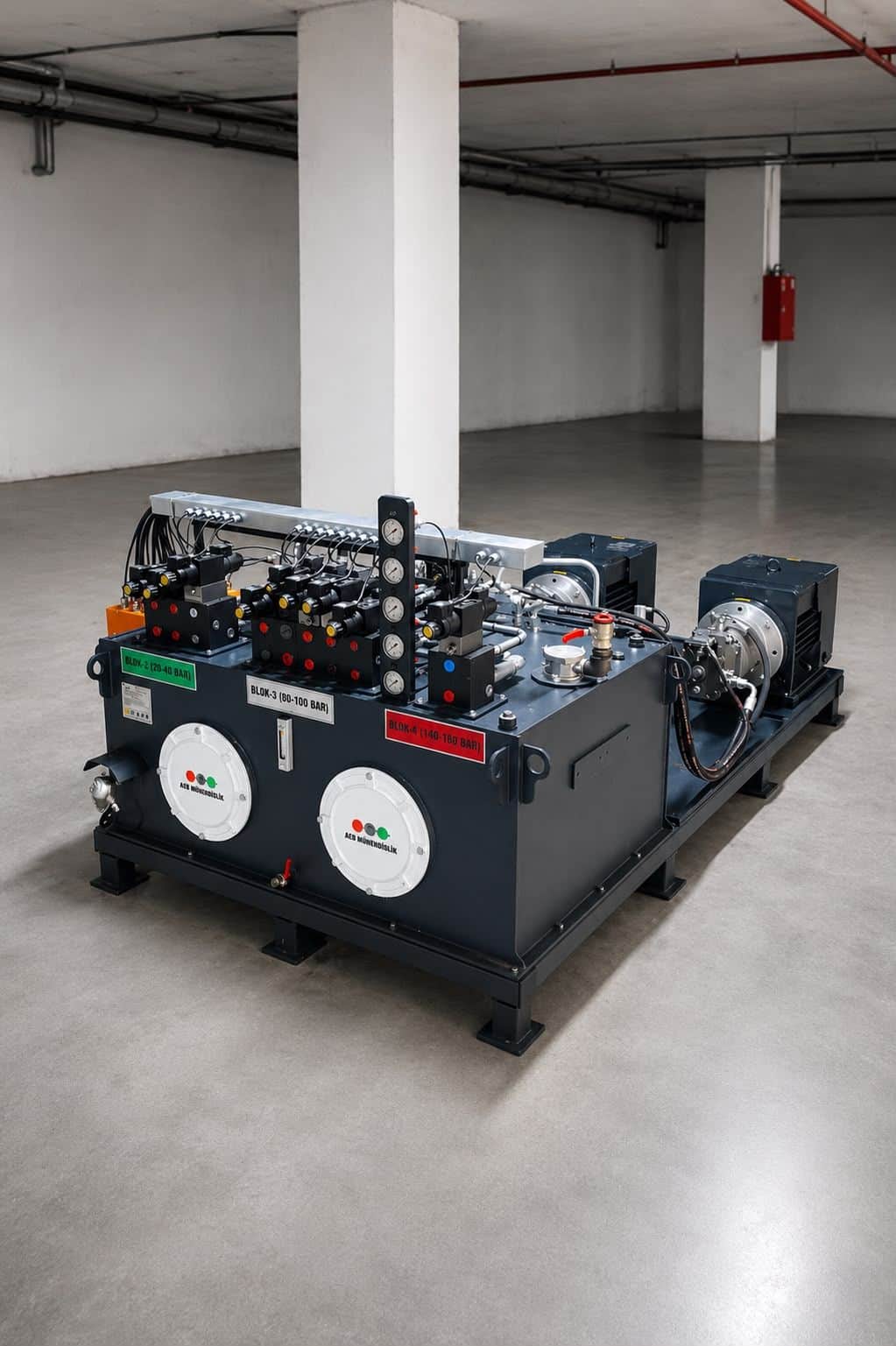 Hydraulic power unit tested at the AEB Engineering workshop — manifold blocks with pressure gauges, color-coded stage labels, and compact tank design