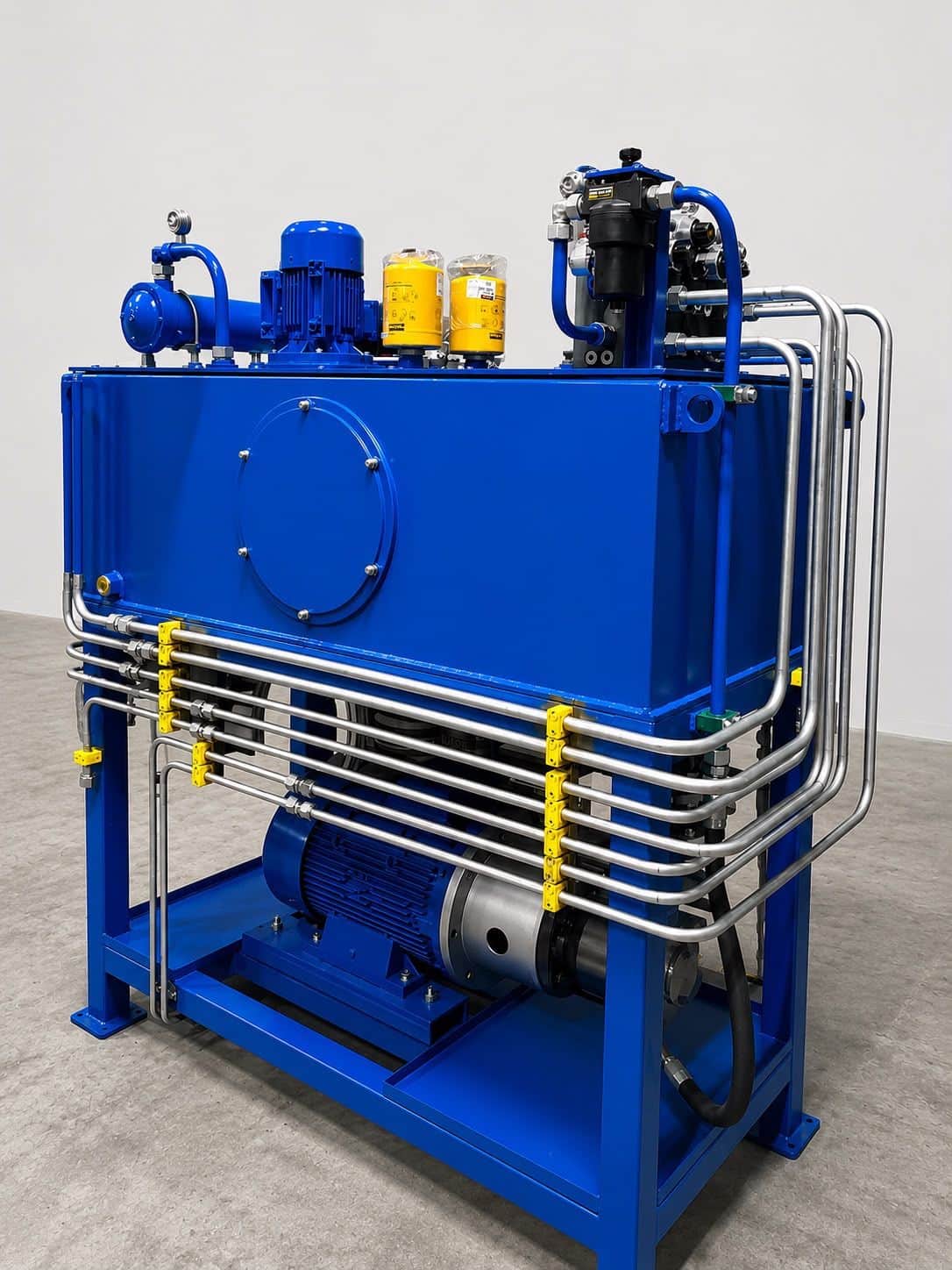 Blue hydraulic power unit manufactured at AEB Engineering facilities — heavy-duty system with multiple steel piping, external electric motor, and vertical filter assembly