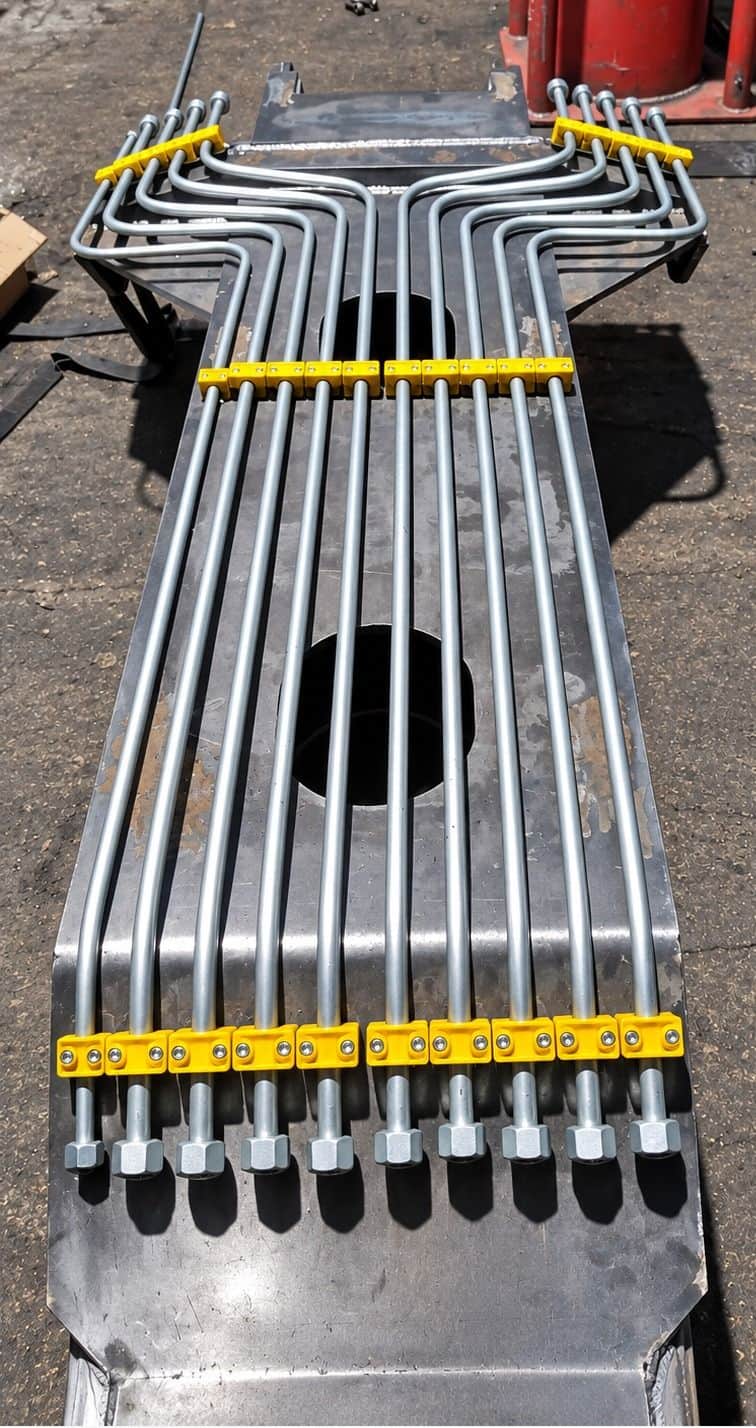 Hydraulic steel piping installed on mobile crane boom structure — high-pressure resistant and parallel clamped piping system designed by AEB Engineering
