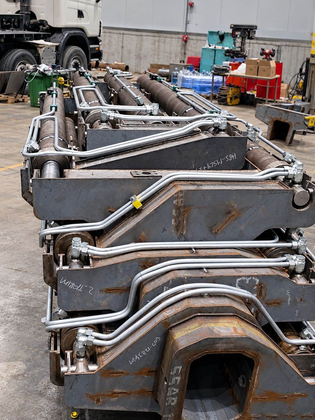 Hydraulic cylinders placed inside the mobile crane telescopic boom mechanism — custom bent steel piping and clamped hydraulic line assembly manufactured by AEB Engineering
